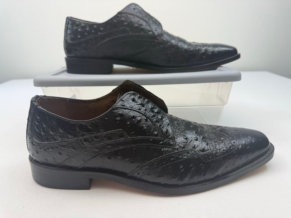 Stacy Adams Redzone Black Ostrich Texture Wingtip Slip On Dress Shoes Mens 11W